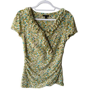 Semantiks Floral Ruffle Blouse - Green and Yellow Size M Petites Office